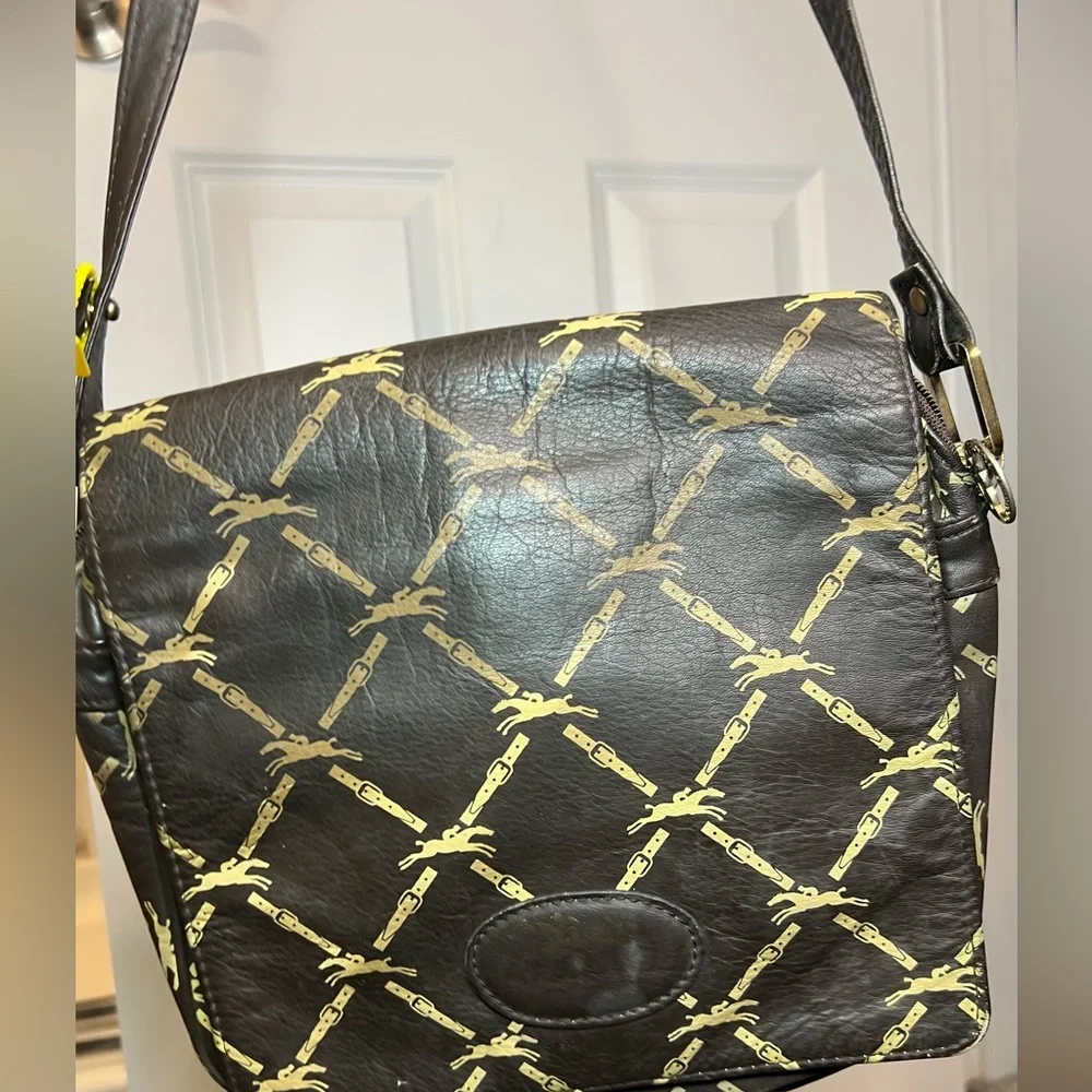Longchamp Shoulder Bag Leather Dark Brown Horse Pattern